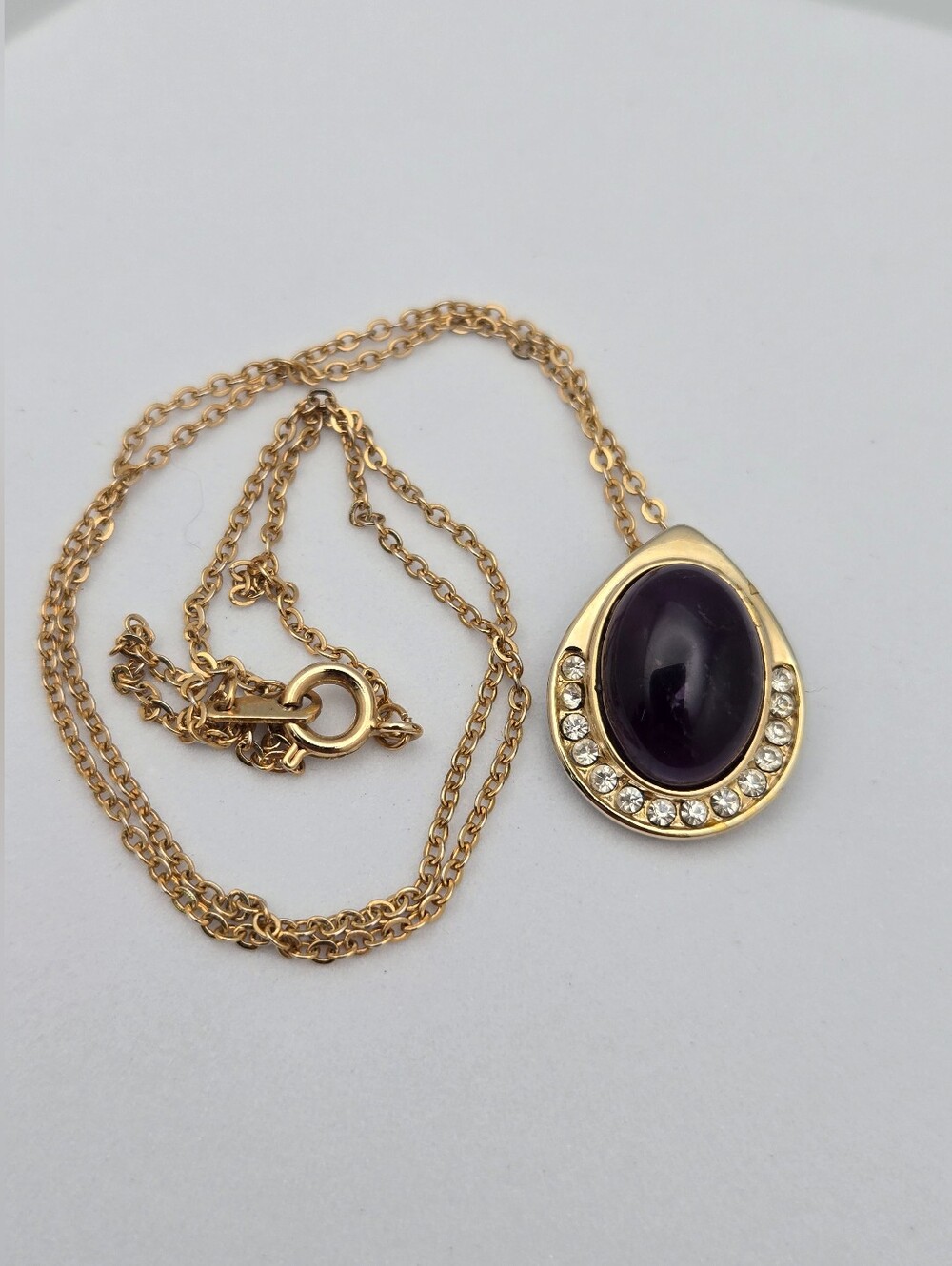 Vintage Purple Amethyst Cabochon Halo Pendant Necklace Gold Tone Rhinestone 18”